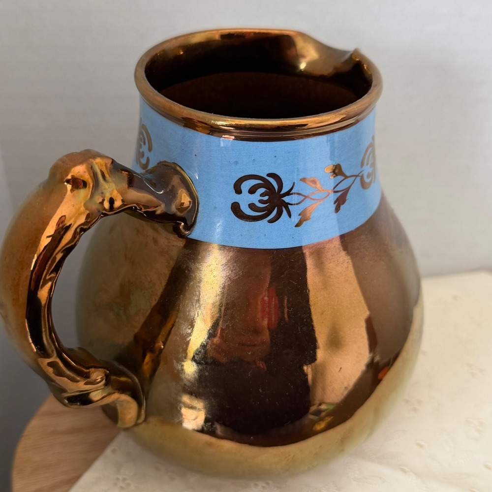 Gibson's England Copper Lusterware Pitcher Blue Band Floral Vintage 6" A500